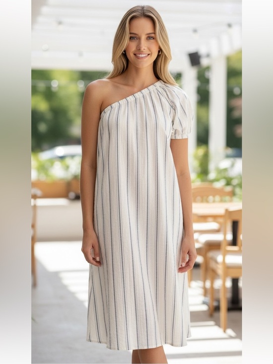 Madewell Dresses & Skirts - Madewell One-Shoulder Puff-Sleeve Midi Dress Women's XS Blue Striped NWT‎